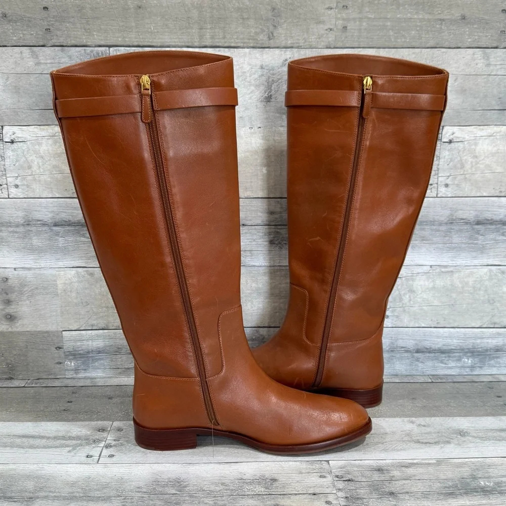 TORY BURCH EVERLY STRAP RIDING BOOTS - SIERRA TAN - SIZE - 11M